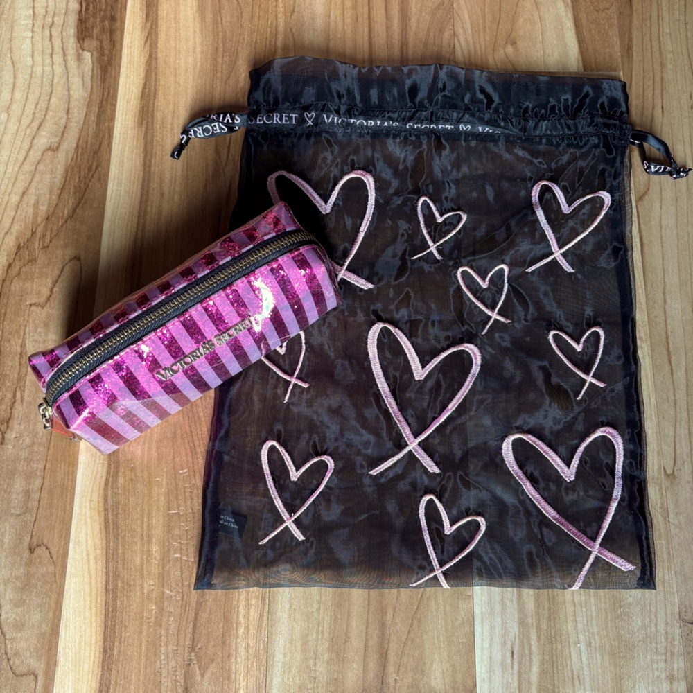 Victoria’s Secret Black Mesh Lingerie Bag with Pink Hearts and Striped Pouch - Picture 1 of 7